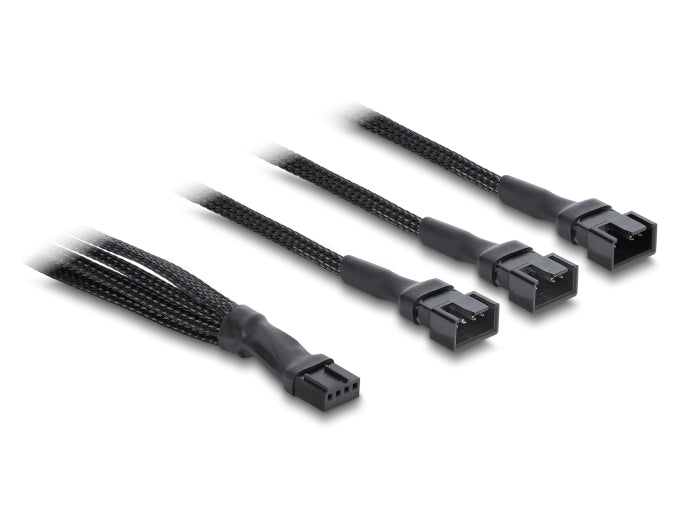 Delock Lüfterkabel Splitter 1 x 4 Pin PWM Buchse zu Stecker + 2 x 4 Pin Stecker (3 Pins belegt) mit Geflechtummantelung 30 cm schwarz