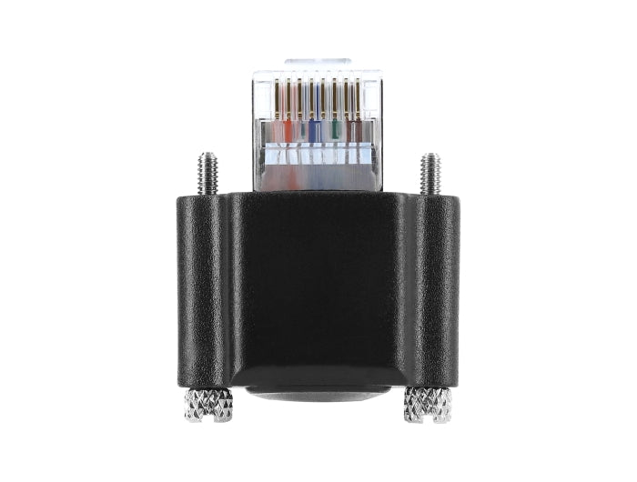 Delock GigE Kamera Kabel RJ45 Stecker 90° gewinkelt mit Schrauben, Steckerlänge 28 mm zu RJ45 Stecker Cat.6 S/FTP 2 m schwarz