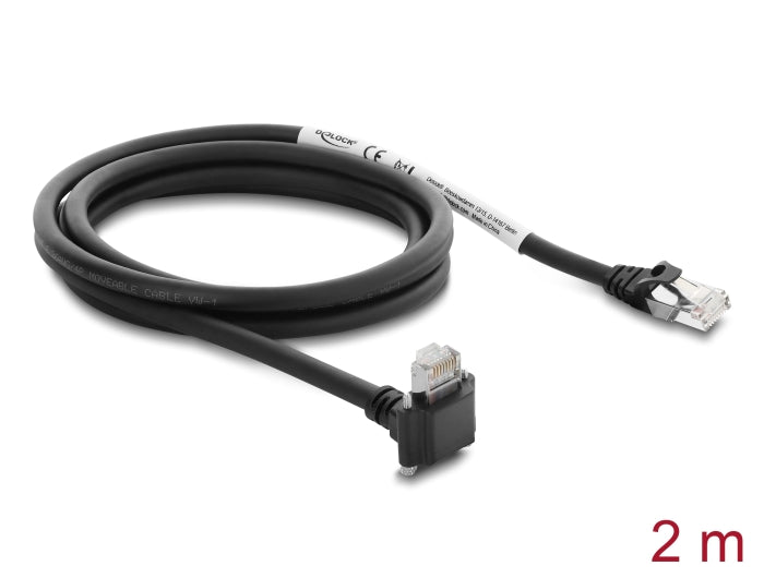 Delock GigE Kamera Kabel RJ45 Stecker 90° gewinkelt mit Schrauben, Steckerlänge 28 mm zu RJ45 Stecker Cat.6 S/FTP 2 m schwarz