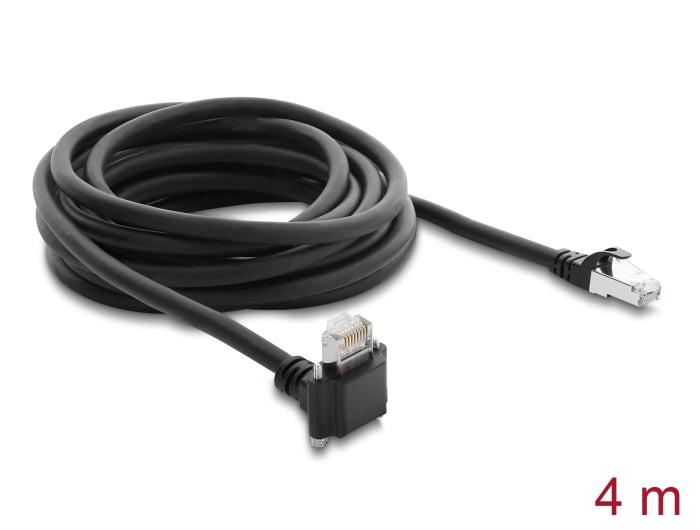 Delock GigE Kamera Kabel RJ45 Stecker 90° gewinkelt mit Schrauben, Steckerlänge 28 mm zu RJ45 Stecker Cat.6 S/FTP 4 m schwarz