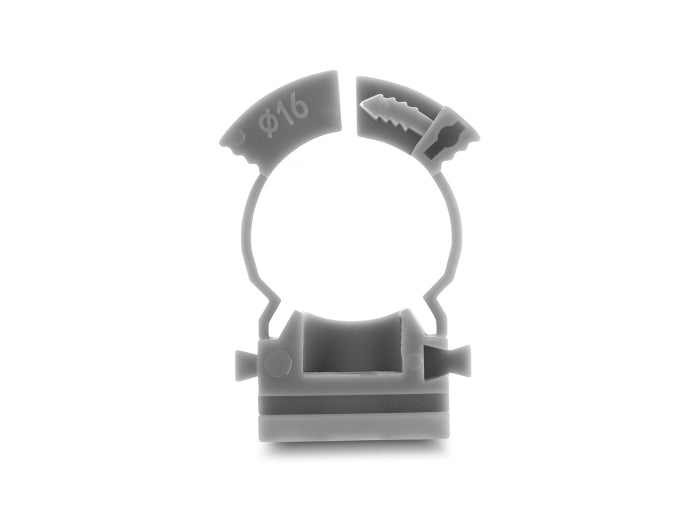 Delock Kabelschlauchhalter mit Verschlussclip, schraubbar für 16 mm Kabelschutzschlauch, 100 Stück, grau