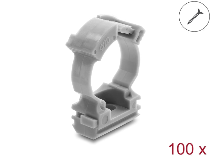 Delock Kabelschlauchhalter mit Verschlussclip, schraubbar für 20 mm Kabelschutzschlauch, 100 Stück, grau