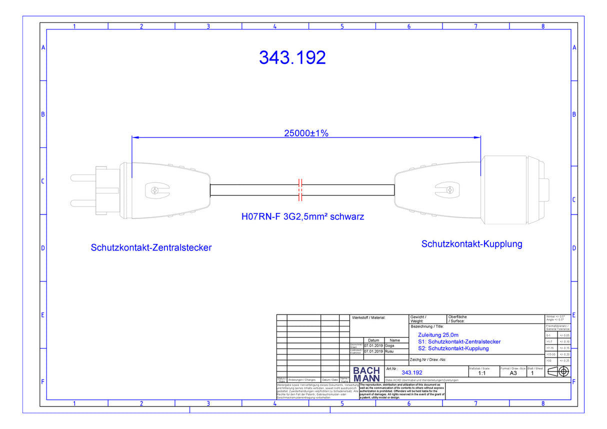 BACHMANN Netzanschlussleitung 25m 16A sw 343.192 3x2,5qmm IP44 Schutzk-Kuppl