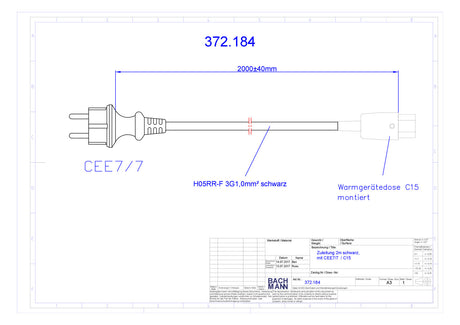 BACHMANN Netzanschlussleitung 2m 3x1qmm 372.184 10A sw IP20 0-155°C PVC