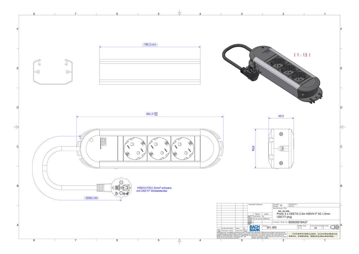 BACHMANN Steckdosenleiste 3f sw 1,75m PRIMO 331.000 35° IP20 1,5qmm