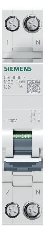 SIEMENS Leitungsschutzschalter AC C 6A 5SL6006-7 1+N 230V 1TE 50Hz IP20