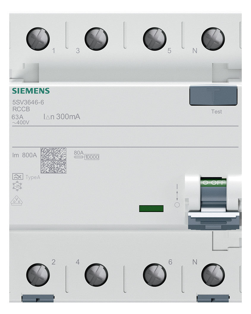SIEMENS FI-Schutzschalter A 4p 440V 63A 5SV3646-6 0,3A 4TE REG 10kA 1kA/stoß