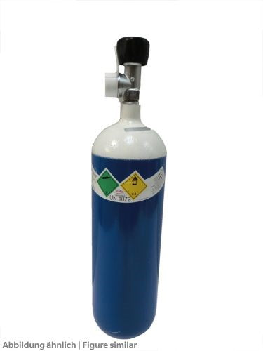 Sauerstoffflasche 2 Liter gefüllt Boden konvex, mit Schutzbügel