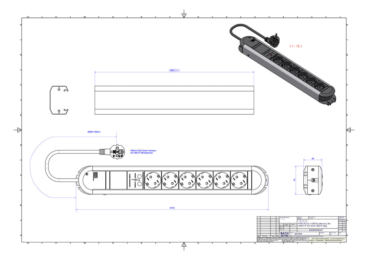 BACHMANN Steckdosenleiste 6f sw 1,75m PRIMO 331.014 35° IP20 ÜSS 1,5qmm