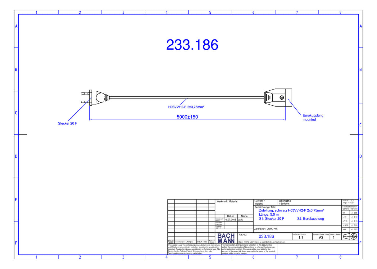 BACHMANN EURO-Verlängerung 5m 2x0,75qmm 233.186 2,5A sw IP20 Euro-Steck 0-70°C