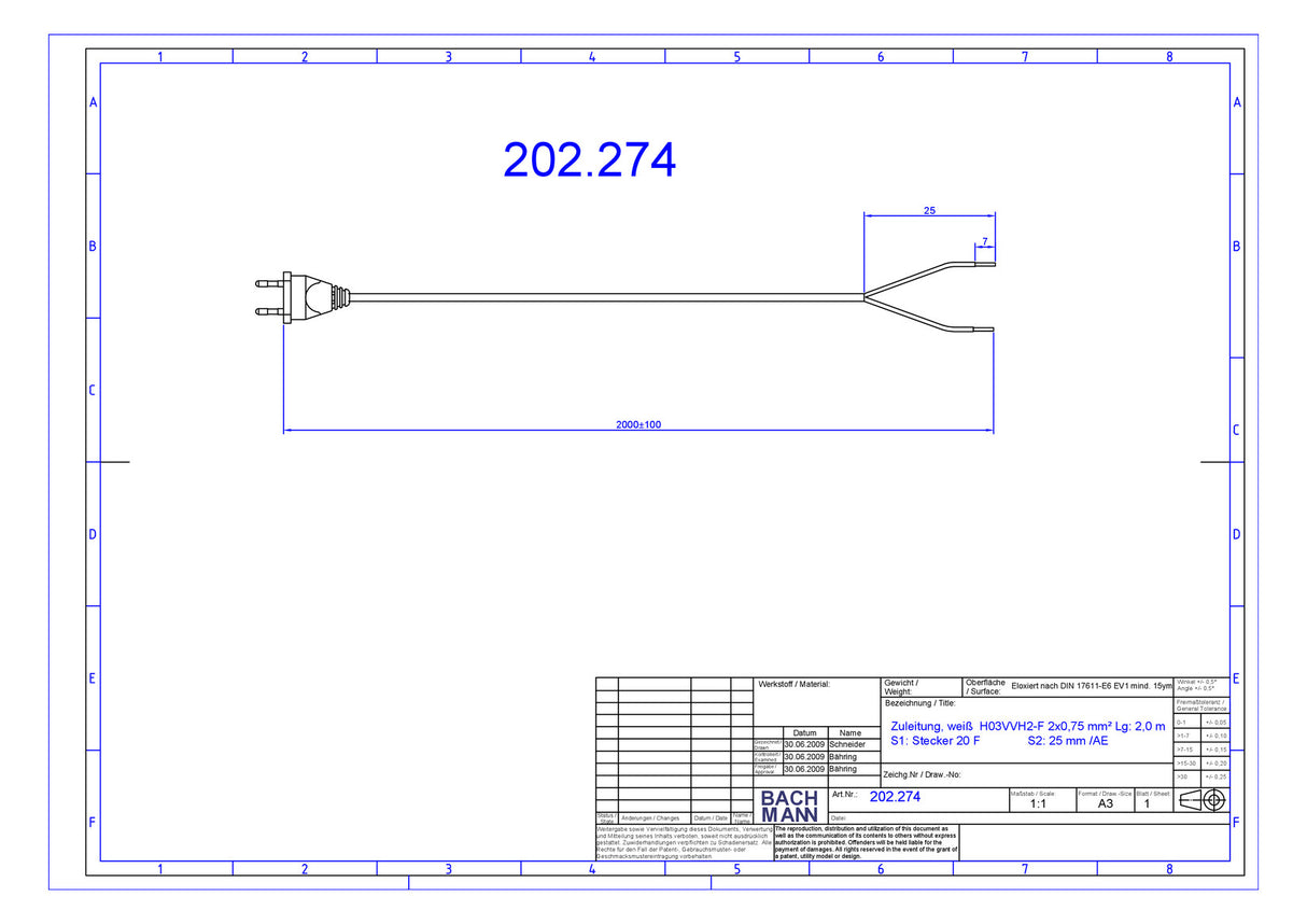 BACHMANN Netzanschlussleitung 2m 2,5A ws 202.274 2x0,75qmm IP20 Euro-Steck PVC