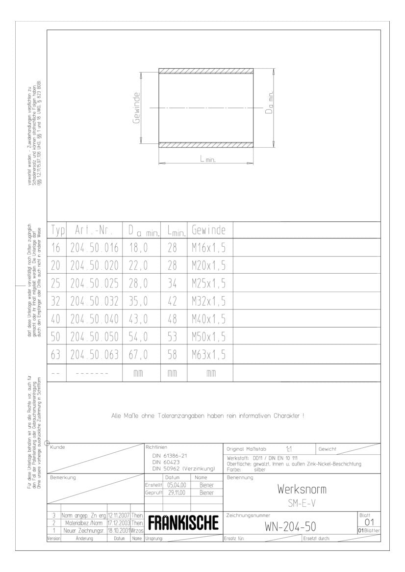 FRÄNKISCHE Stahl-Gewindemuffe Metall hfr SM-E-V 16 verzinkt Zn-Ni  16mm g/vz