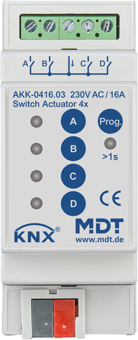MDT Schaltaktor 4-fach 2TE, REG, 16A, 230VAC,Kom AKK-0416.03
