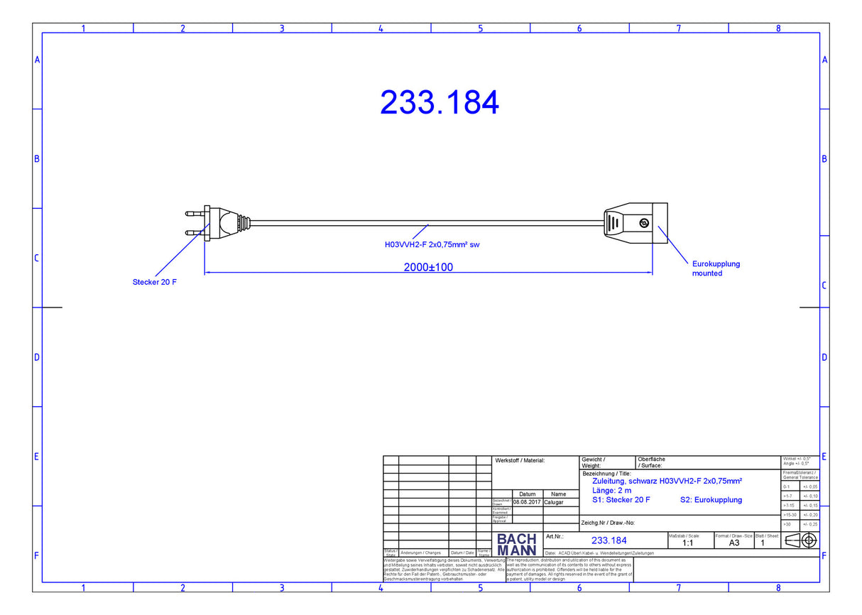BACHMANN EURO-Verlängerung 2m 2x0,75qmm 233.184 2,5A sw IP20 Euro-Steck 0-70°C