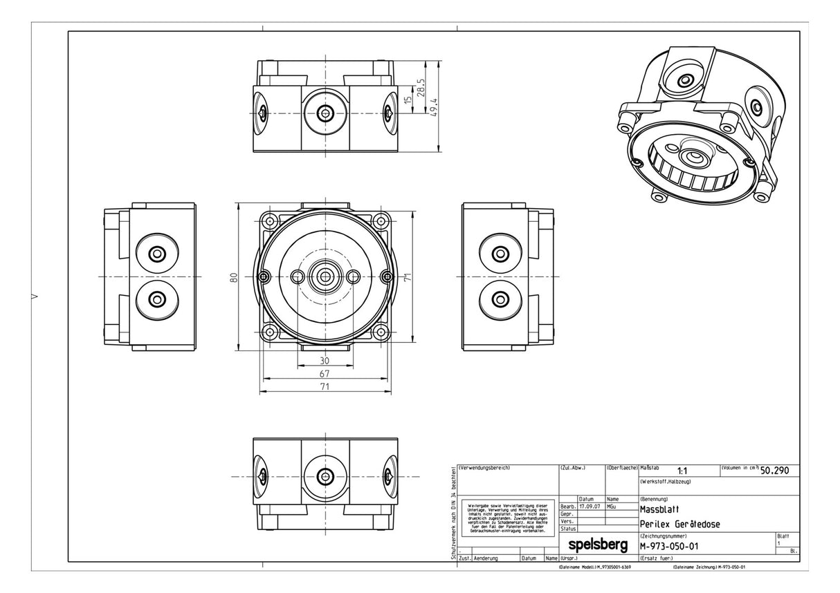 SPELSBERG Gerätedose UP luftd 71x71x50mm U 71 Perilex Kst IP30 quadrat