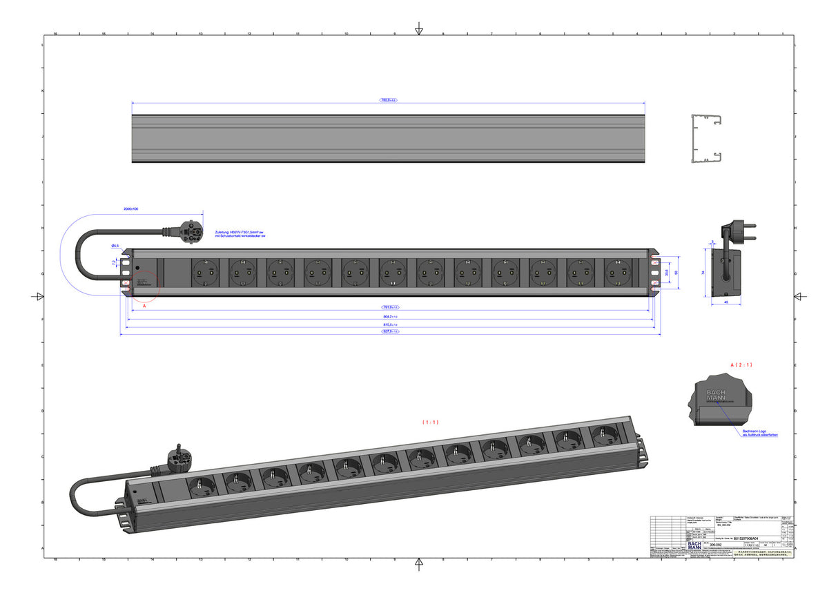 BACHMANN Steckdosenleiste 12f gr 2m 90° 300.002 IP20 1,5qmm