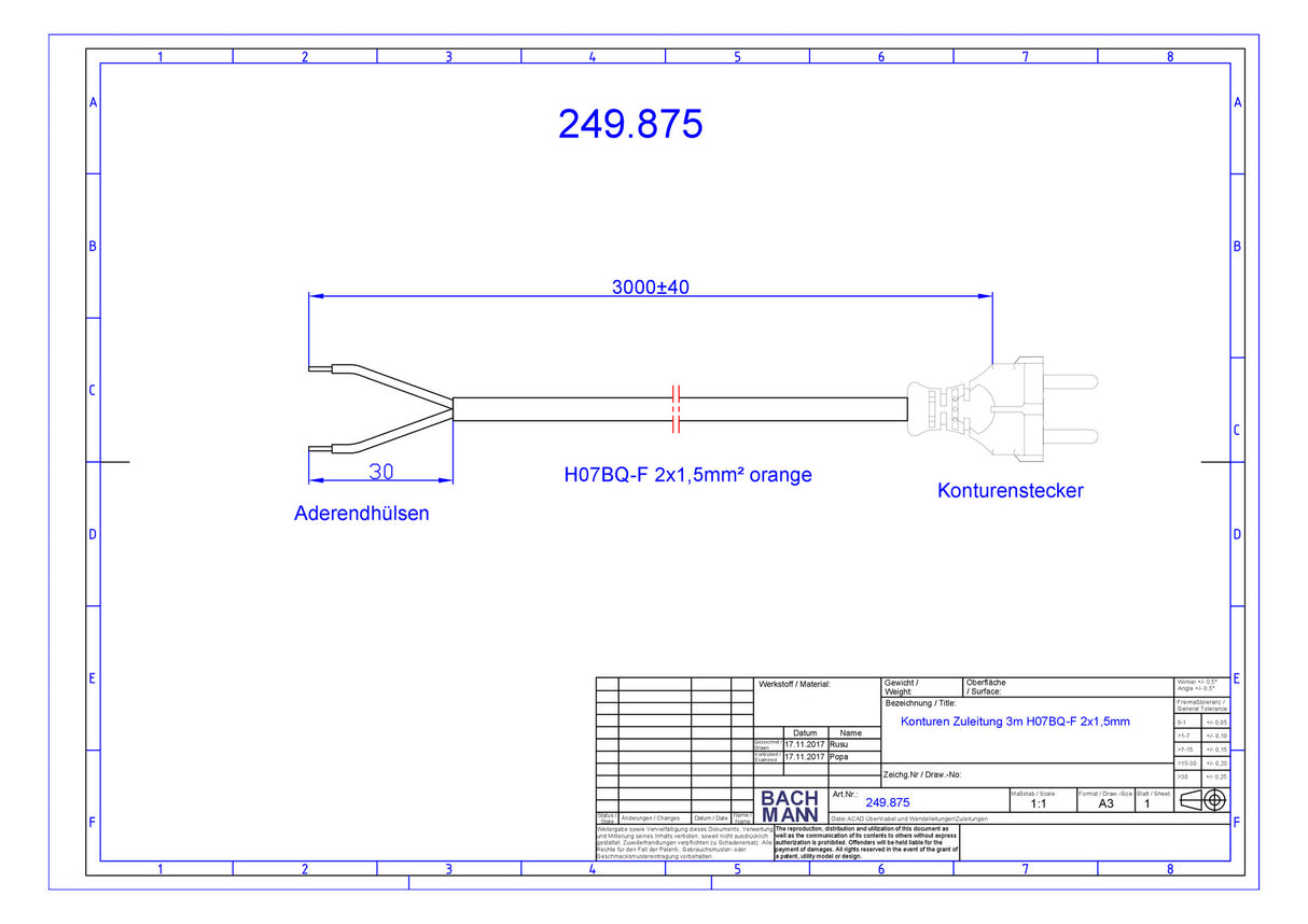 BACHMANN Netzanschlussleitung 3m 10A or 249.875 2x1,5qmm IP20 Profilstecker PUR