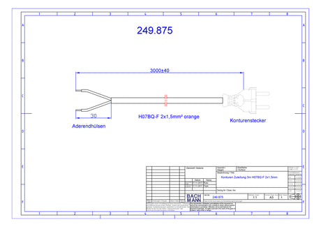 BACHMANN Netzanschlussleitung 3m 10A or 249.875 2x1,5qmm IP20 Profilstecker PUR