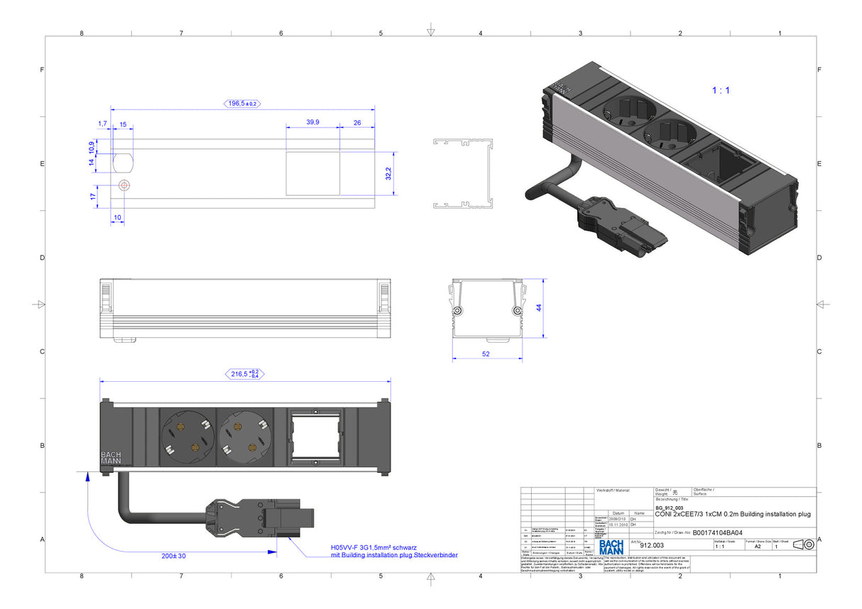 BACHMANN Steckdosenleiste 2/1f sw 0,1m CONI 912.003 35° IP20 1,5qmm