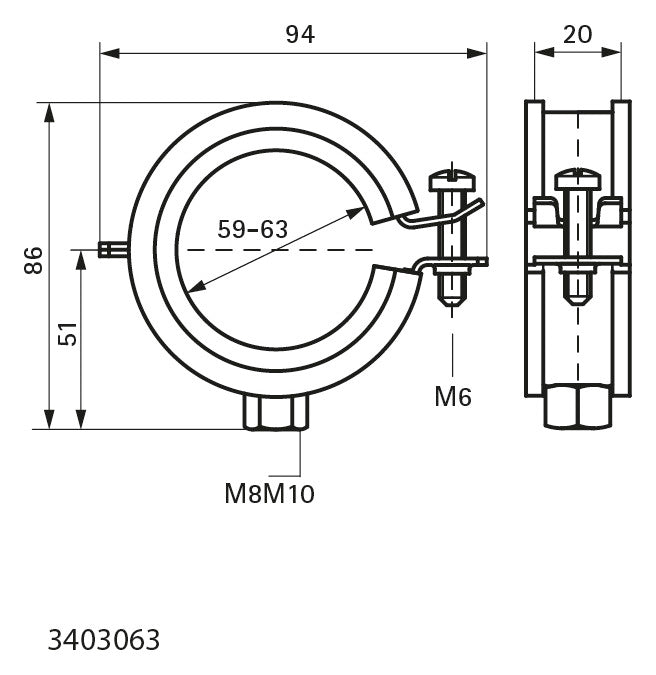 Walraven Rohrschelle BISMAT 2000 EPDM 59-63 mm ev M8/M10 Einschraubenschelle | 3403063