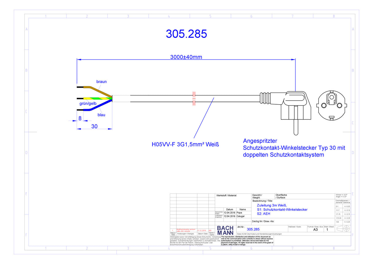 BACHMANN Netzanschlussleitung 3m 16A ws 305.285 3x1,5qmm IP20 Aderendh 0-70°C