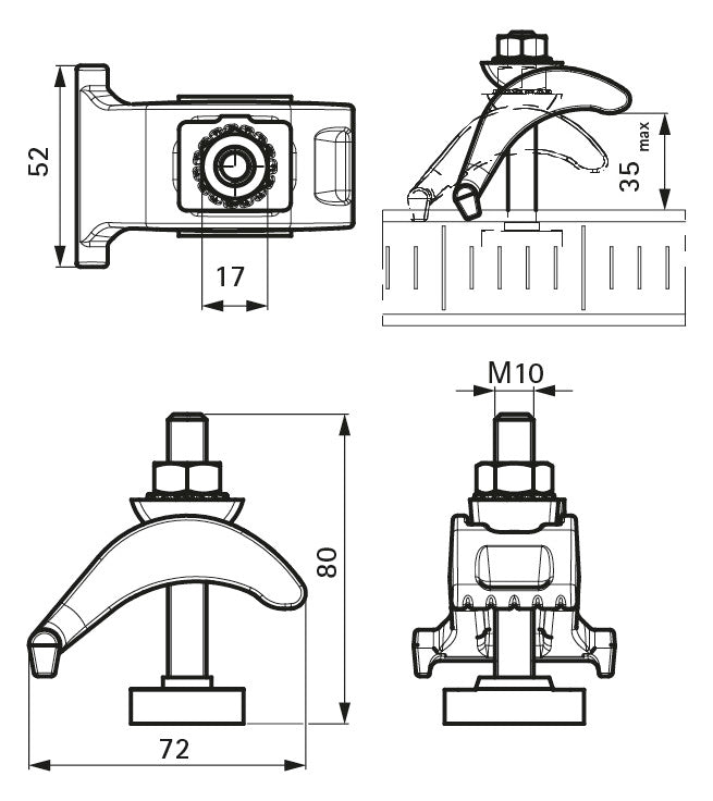 WALRAVEN Strut Trägerklammer Schwerlast fverz. 72x52x80 bis Flanschstärke 35 mm
