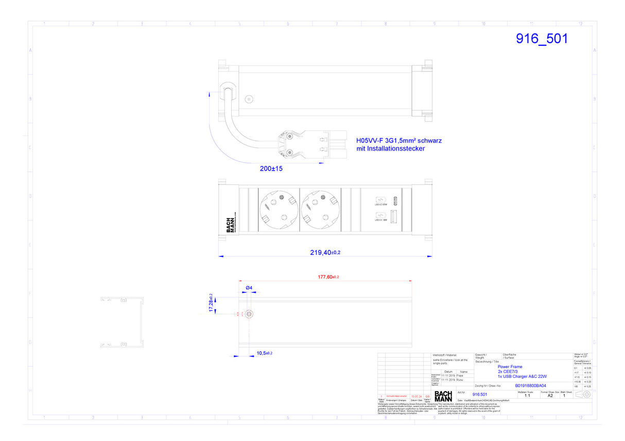 BACHMANN Steckdosenleiste 2f alu 2xUSB 916.501 0,2m 35° IP20 1,5qmm