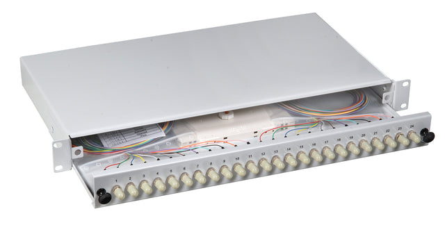 Spleißbox ST 625/125µ OM1 ausziehbar 24 Pigtails abgesetzt/24 Kuppl. Stück