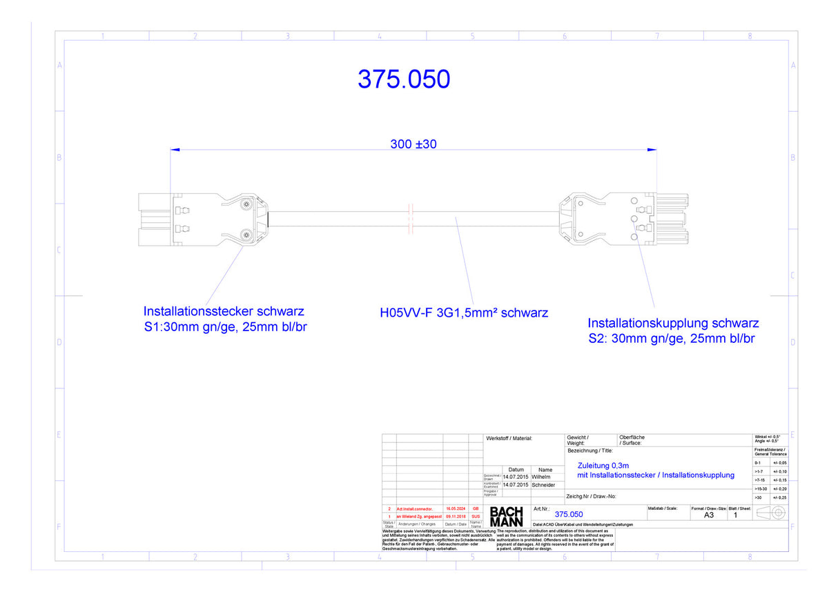 BACHMANN Verbindungskabel 3p H05VV-F sw 375.050 1,5qmm L300mm