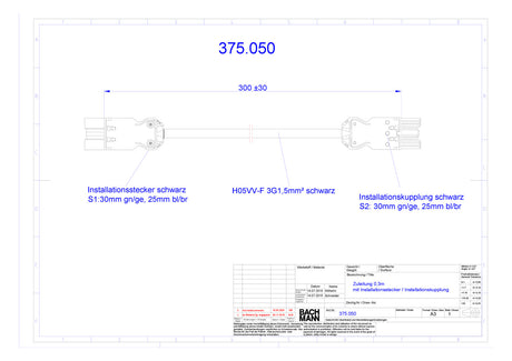 BACHMANN Verbindungskabel 3p H05VV-F sw 375.050 1,5qmm L300mm