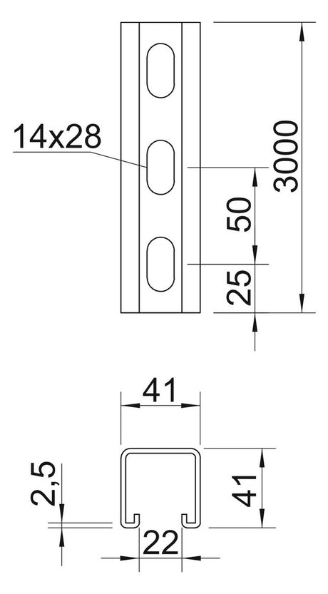 BETTERMANN C-Profilschiene ST 22mm MS4141PP3000FS 3000x41x41mm D2,5mm