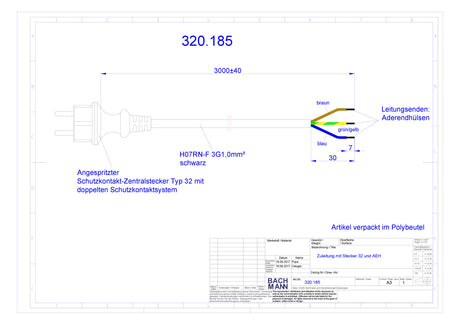 BACHMANN Netzanschlussleitung 3m 3x1qmm 320.185 16A sw IP20 Aderendh 0-70°C