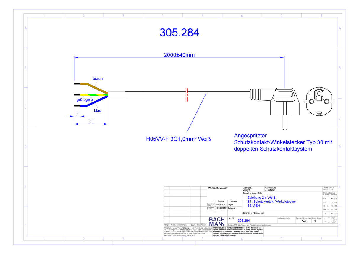 BACHMANN Netzanschlussleitung 2m 16A ws 305.284 3x1,5qmm IP20 Aderendh 0-70°C