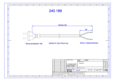 BACHMANN Netzanschlussleitung 10m 10A sw 240.189 2x0,75qmm IP20 Aderendh 0-70°C