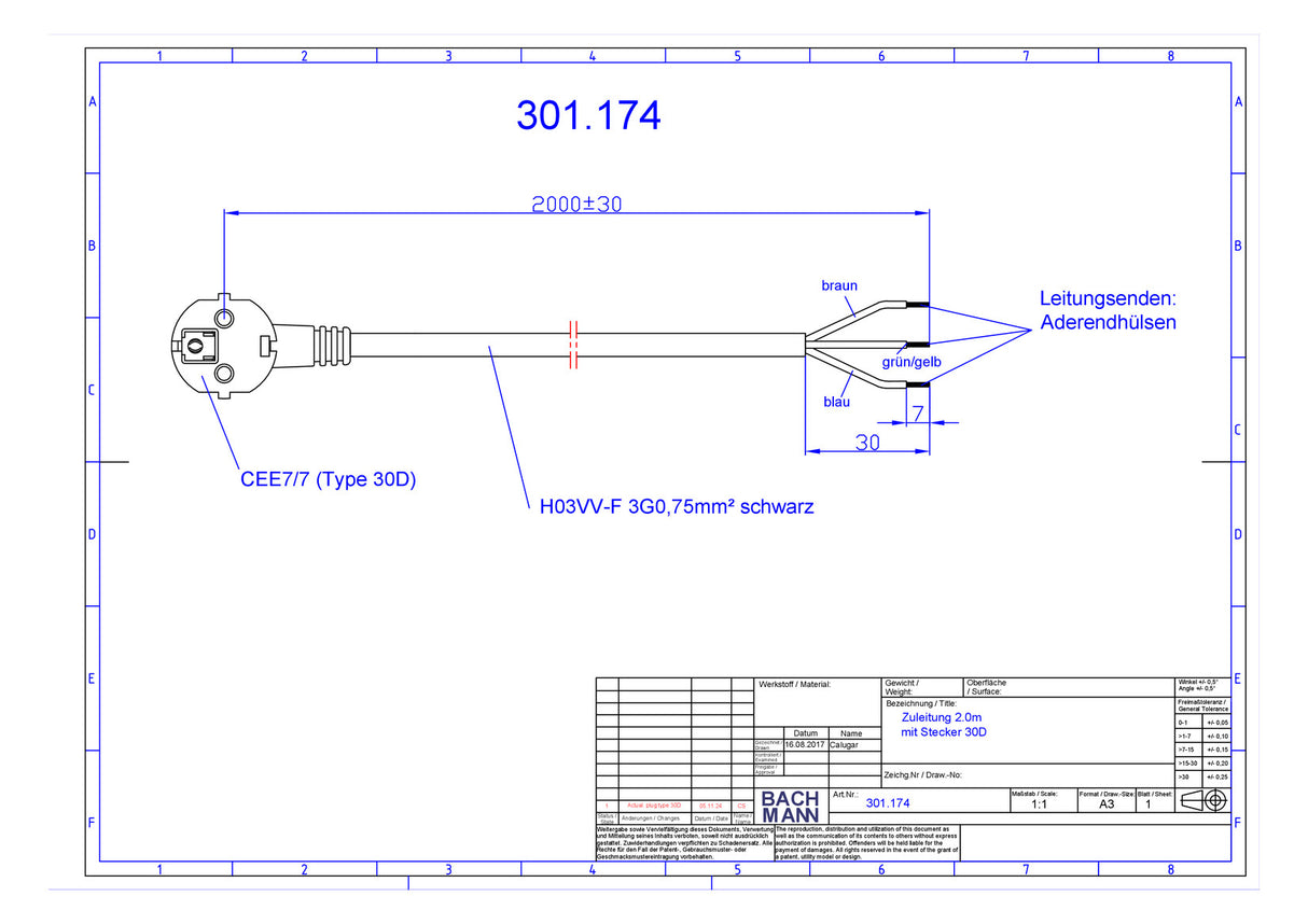 BACHMANN Netzanschlussleitung 2m 16A sw 301.174 3x0,75qmm IP20 Aderendh 0-70°C