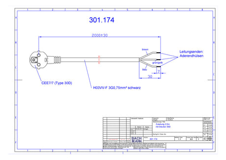 BACHMANN Netzanschlussleitung 2m 16A sw 301.174 3x0,75qmm IP20 Aderendh 0-70°C