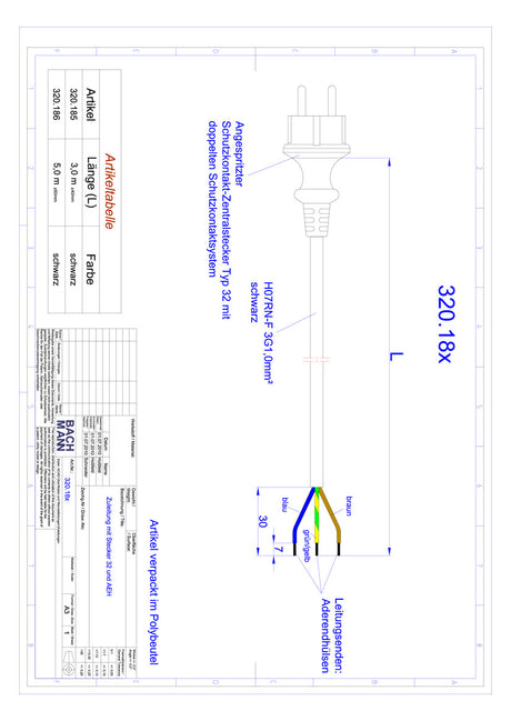 BACHMANN Netzanschlussleitung 5m 3x1qmm 320.186 16A sw IP20 Aderendh 0-70°C