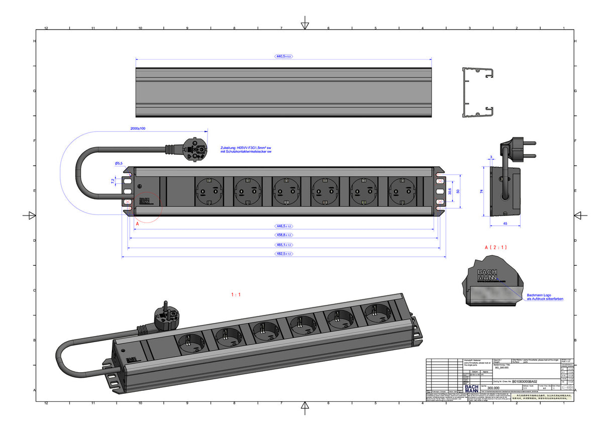 BACHMANN Steckdosenleiste 6f gr 2m 90° 300.000 IP20 1,5qmm