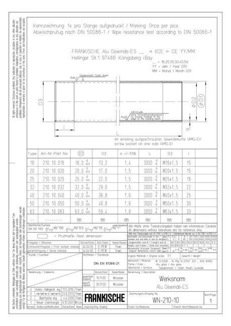 FRÄNKISCHE Alu-Gewinderohr  20mm starr Alu Gewinde-ES 20 unbeh 5Kl -45-250°C