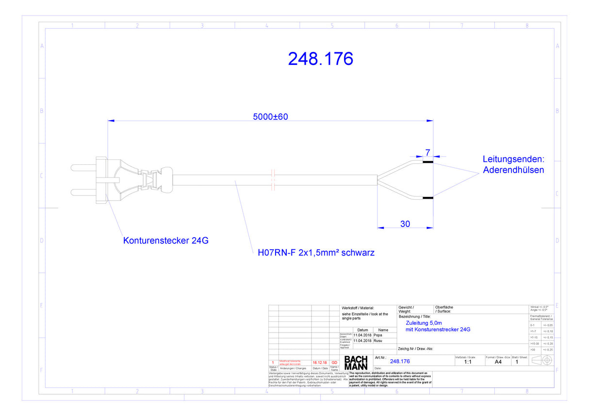 BACHMANN Netzanschlussleitung 5m 10A sw 248.176 2x1,5qmm IP20 Aderendh 0-70°C