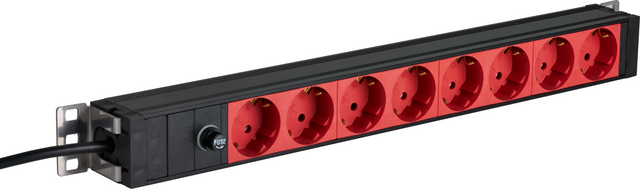 19“ 1HE Steckdosenleiste 8 x CEE 7/3 rot, Zuleitung C14, 10A Feinsicherung, schwarz Stück