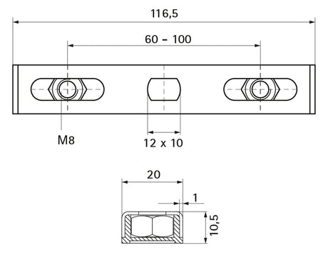 WALRAVEN Duplo Montageplatte ev/PP weiß 116,5x20x10,5 - 2x M8 Abst.: 60-100 mm