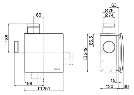MAICO Ventilatorgehäuse Kst sw  80mm ER - UPB m.BS-Absperr 249x249x105mm