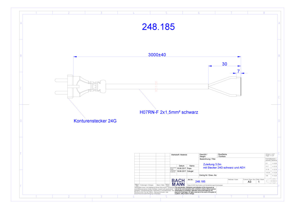 BACHMANN Netzanschlussleitung 3m 10A sw 248.185 2x1,5qmm IP20 Profilstecker