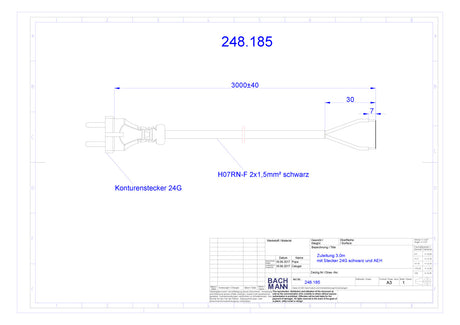 BACHMANN Netzanschlussleitung 3m 10A sw 248.185 2x1,5qmm IP20 Profilstecker