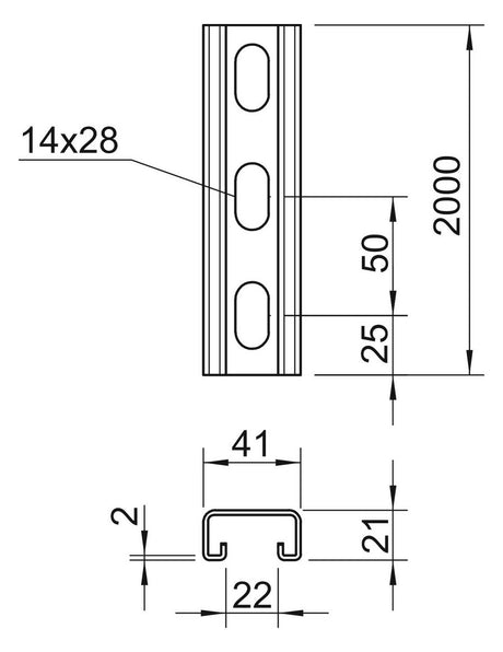 BETTERMANN C-Profilschiene ST 22mm D2mm MS4121P2000FT 2000x41x21mm Rück_gel