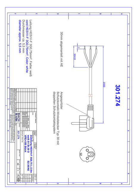 BACHMANN Netzanschlussleitung 2m 16A ws 301.274 3x0,75qmm IP20 Aderendh 0-70°C