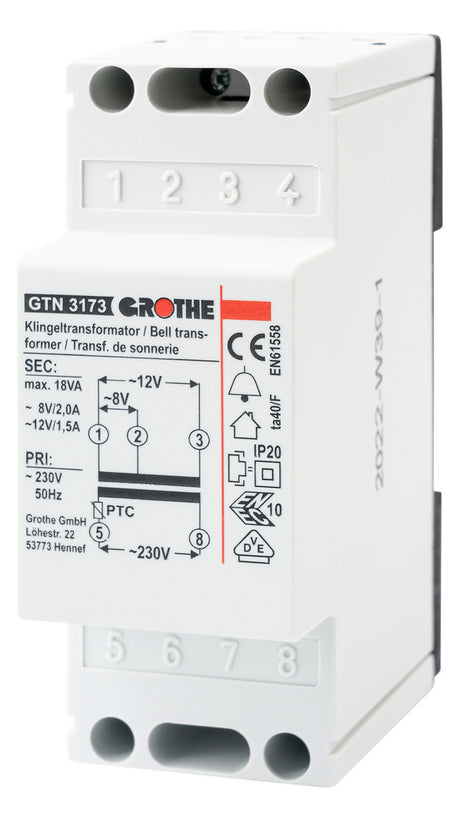 GROTHE Klingeltransformator 230V 8/12V GTN 3173 2/1,5A REG 2TE