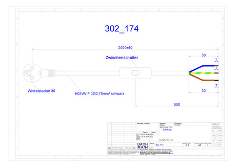 BACHMANN Netzanschlussleitung 2m 10A sw 302.174 3x0,75qmm IP20 Aderendh 0-70°C