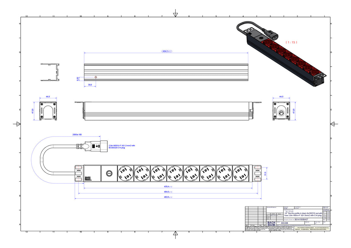 BACHMANN Steckdosenleiste 19 8Steckd 333.538 230V m.Sicherung